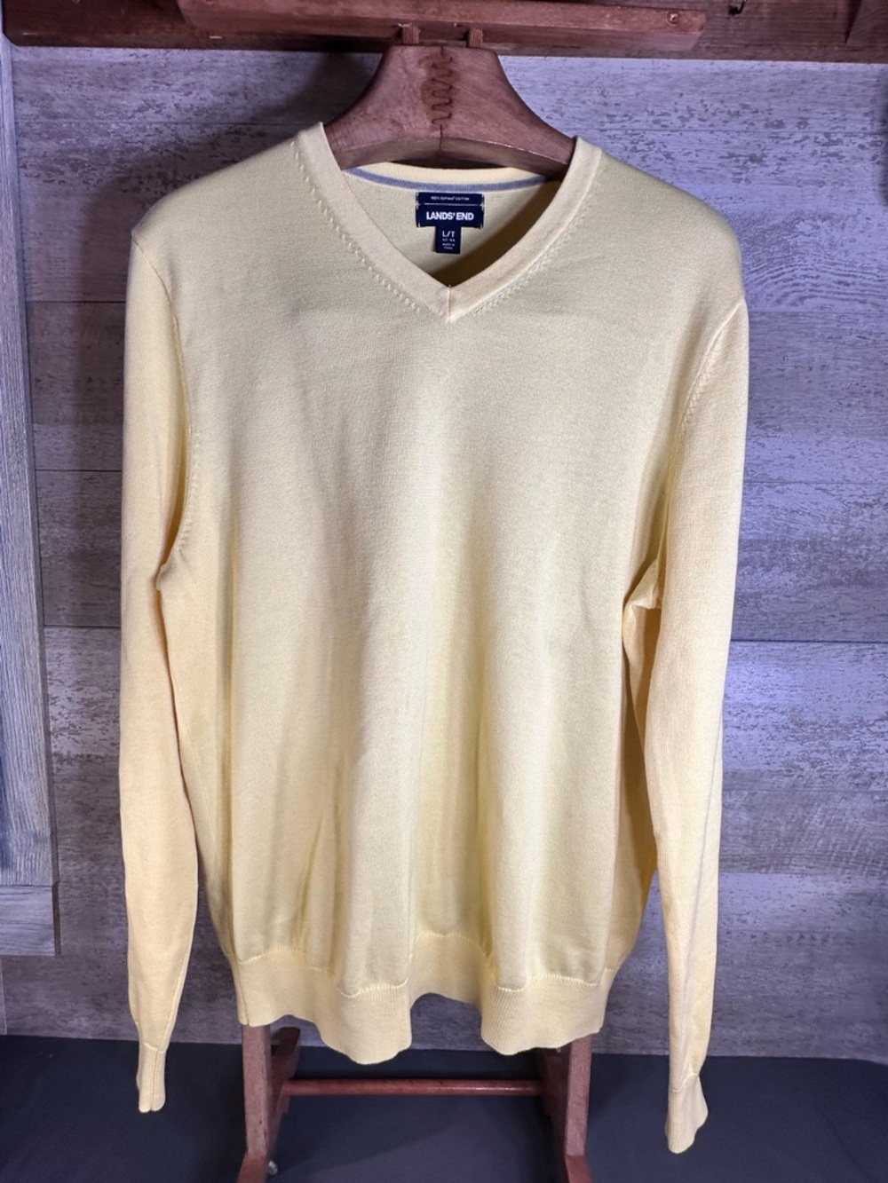 Lands' End Men’s Pale Yellow V-Neck Supima Cotton Sweater - Size L Tall